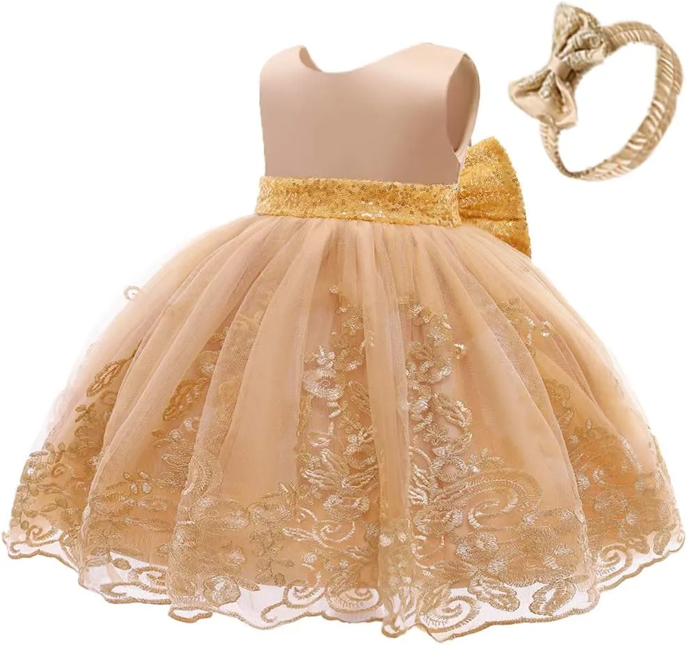 0-6T Big Bowknot Sequins Toddler Baby Girls Embroidered Lace Dresses with Headwear