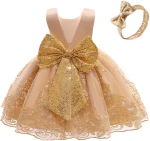 0-6T Big Bowknot Sequins Toddler Baby Girls Embroidered Lace Dresses with Headwear