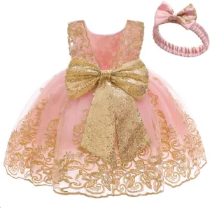 0-6T Big Bowknot Sequins Toddler Baby Girls Embroidered Lace Dresses with Headwear