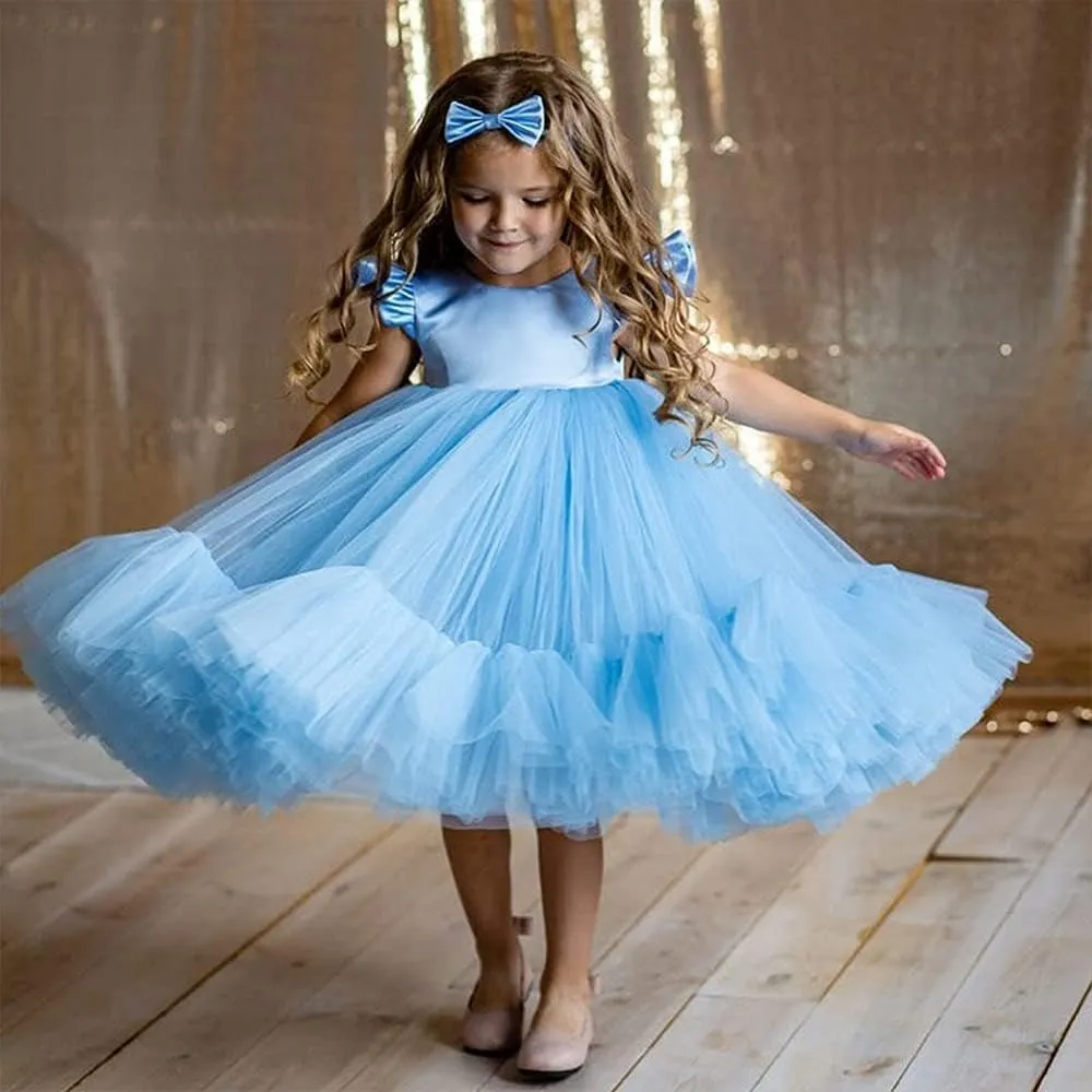 0-6T Big Bowknot Sequins Toddler Baby Girls Embroidered Lace Dresses with Headwear