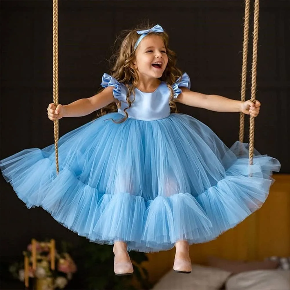 0-6T Big Bowknot Sequins Toddler Baby Girls Embroidered Lace Dresses with Headwear