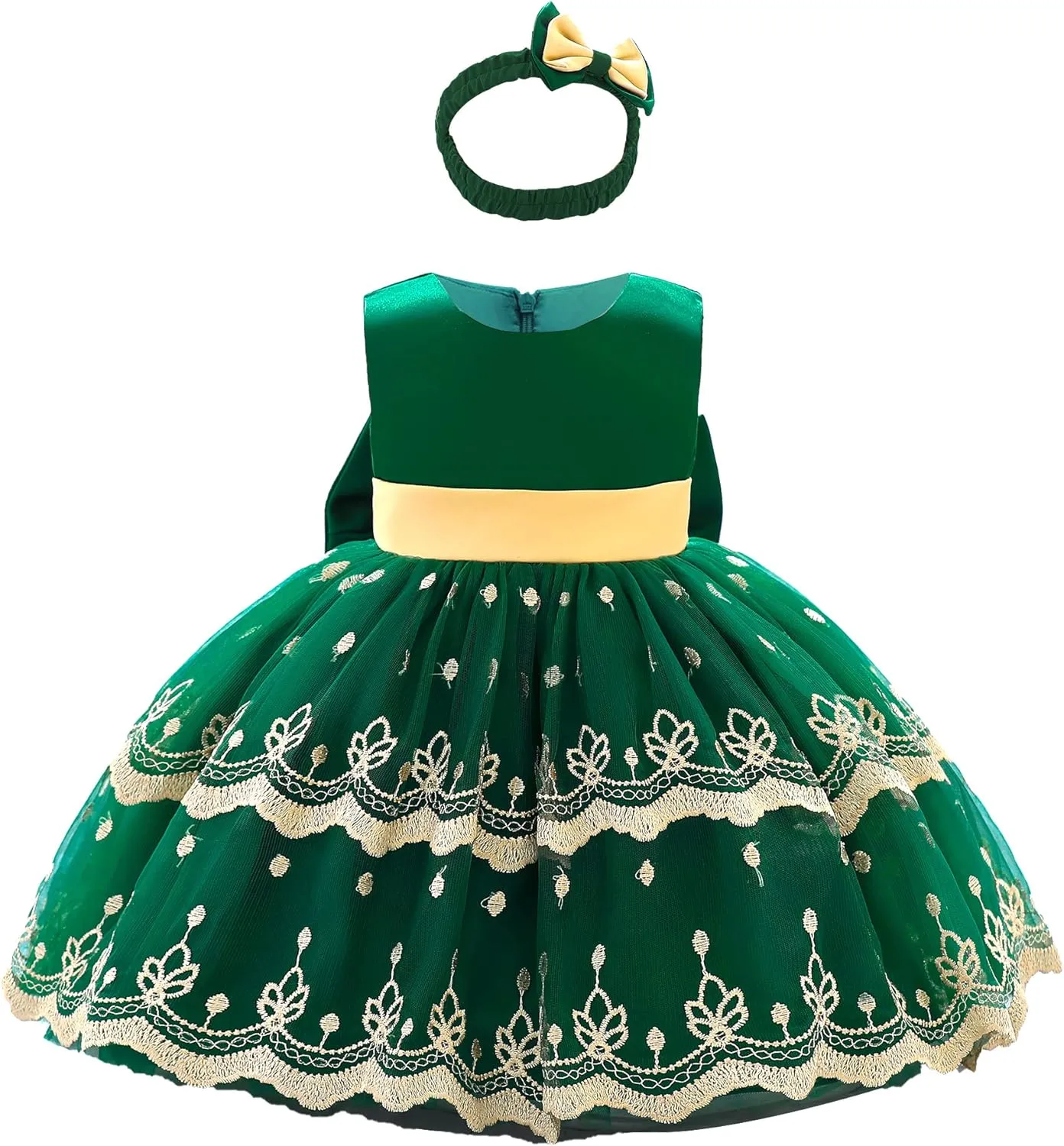 0-6T Big Bowknot Sequins Toddler Baby Girls Embroidered Lace Dresses with Headwear