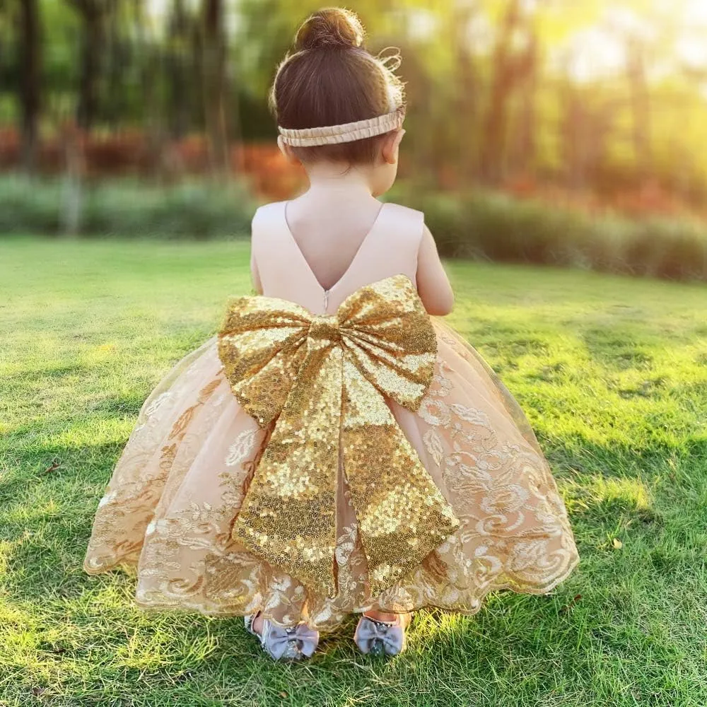 0-6T Big Bowknot Sequins Toddler Baby Girls Embroidered Lace Dresses with Headwear