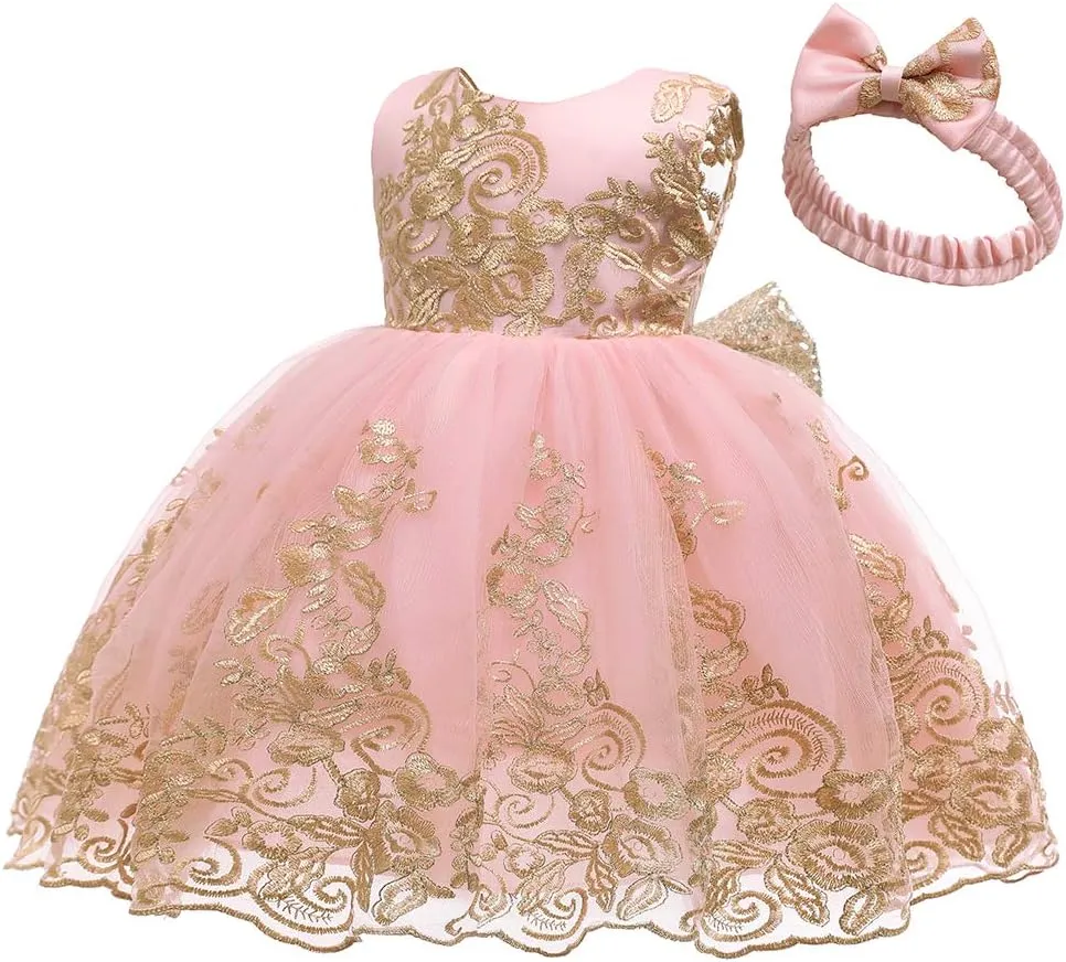 0-6T Big Bowknot Sequins Toddler Baby Girls Embroidered Lace Dresses with Headwear