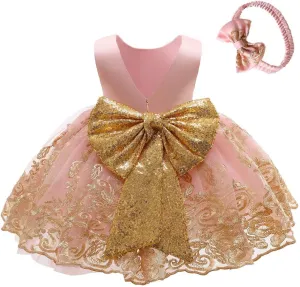 0-6T Big Bowknot Sequins Toddler Baby Girls Embroidered Lace Dresses with Headwear
