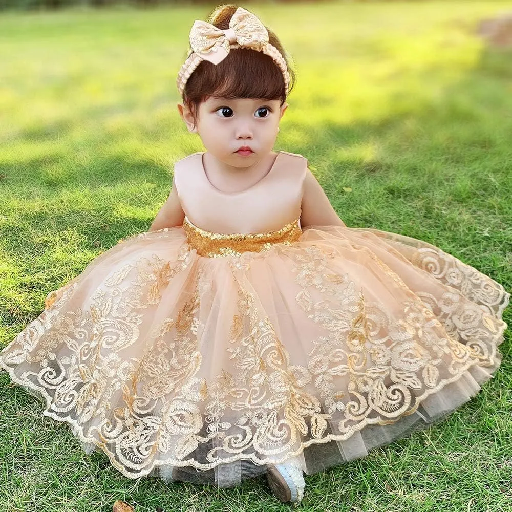 0-6T Big Bowknot Sequins Toddler Baby Girls Embroidered Lace Dresses with Headwear
