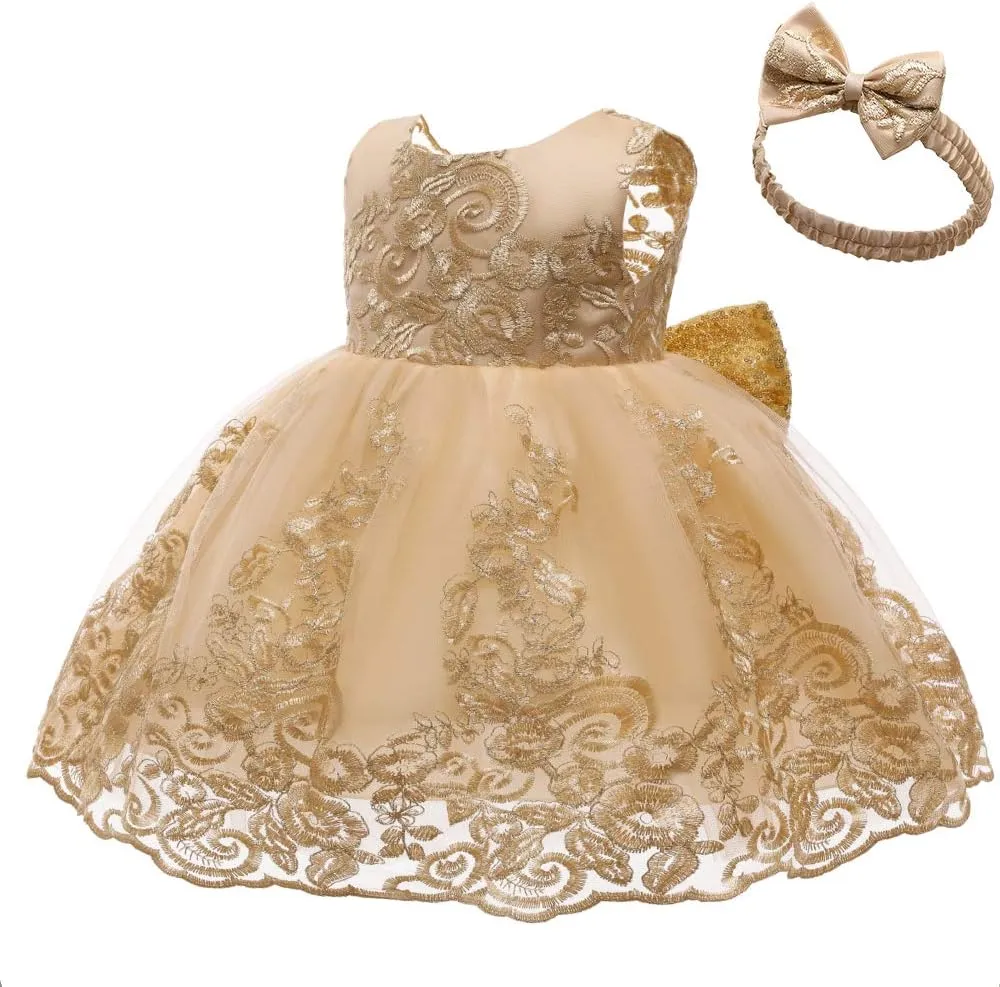 0-6T Big Bowknot Sequins Toddler Baby Girls Embroidered Lace Dresses with Headwear