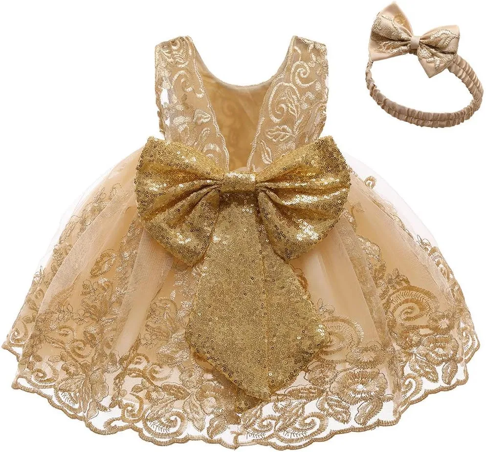 0-6T Big Bowknot Sequins Toddler Baby Girls Embroidered Lace Dresses with Headwear