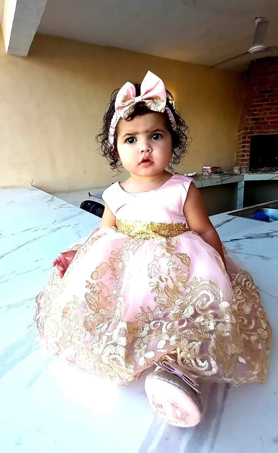 0-6T Big Bowknot Sequins Toddler Baby Girls Embroidered Lace Dresses with Headwear