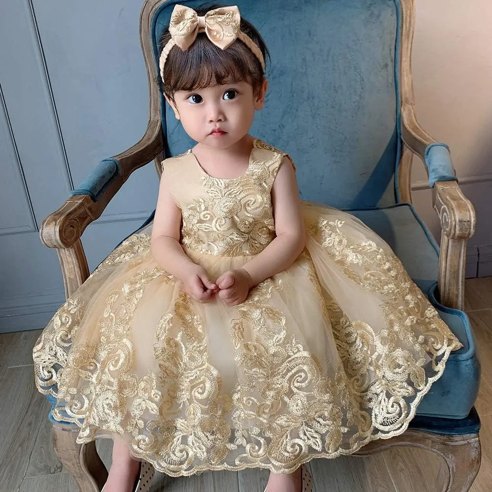 0-6T Big Bowknot Sequins Toddler Baby Girls Embroidered Lace Dresses with Headwear