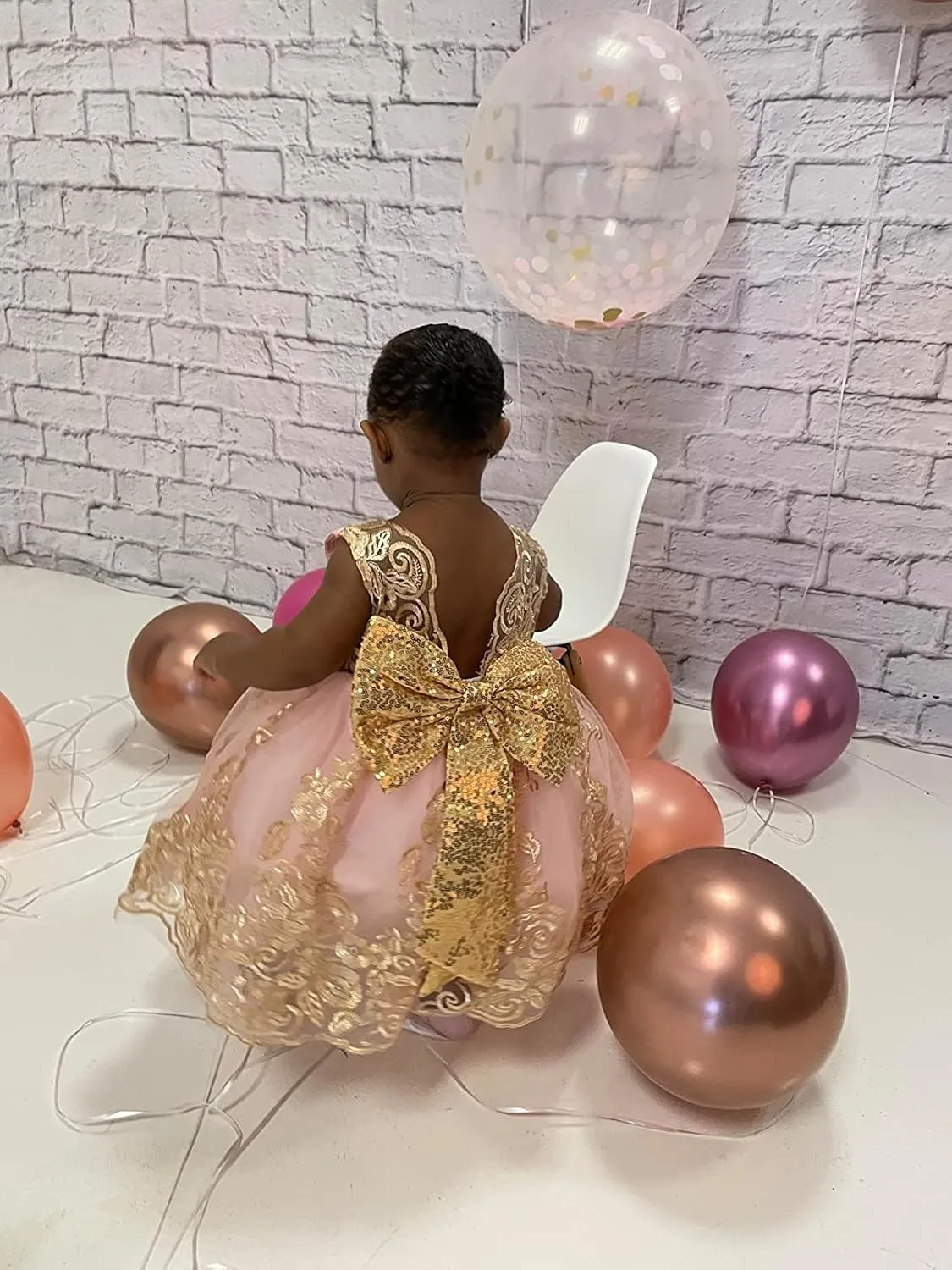 0-6T Big Bowknot Sequins Toddler Baby Girls Embroidered Lace Dresses with Headwear