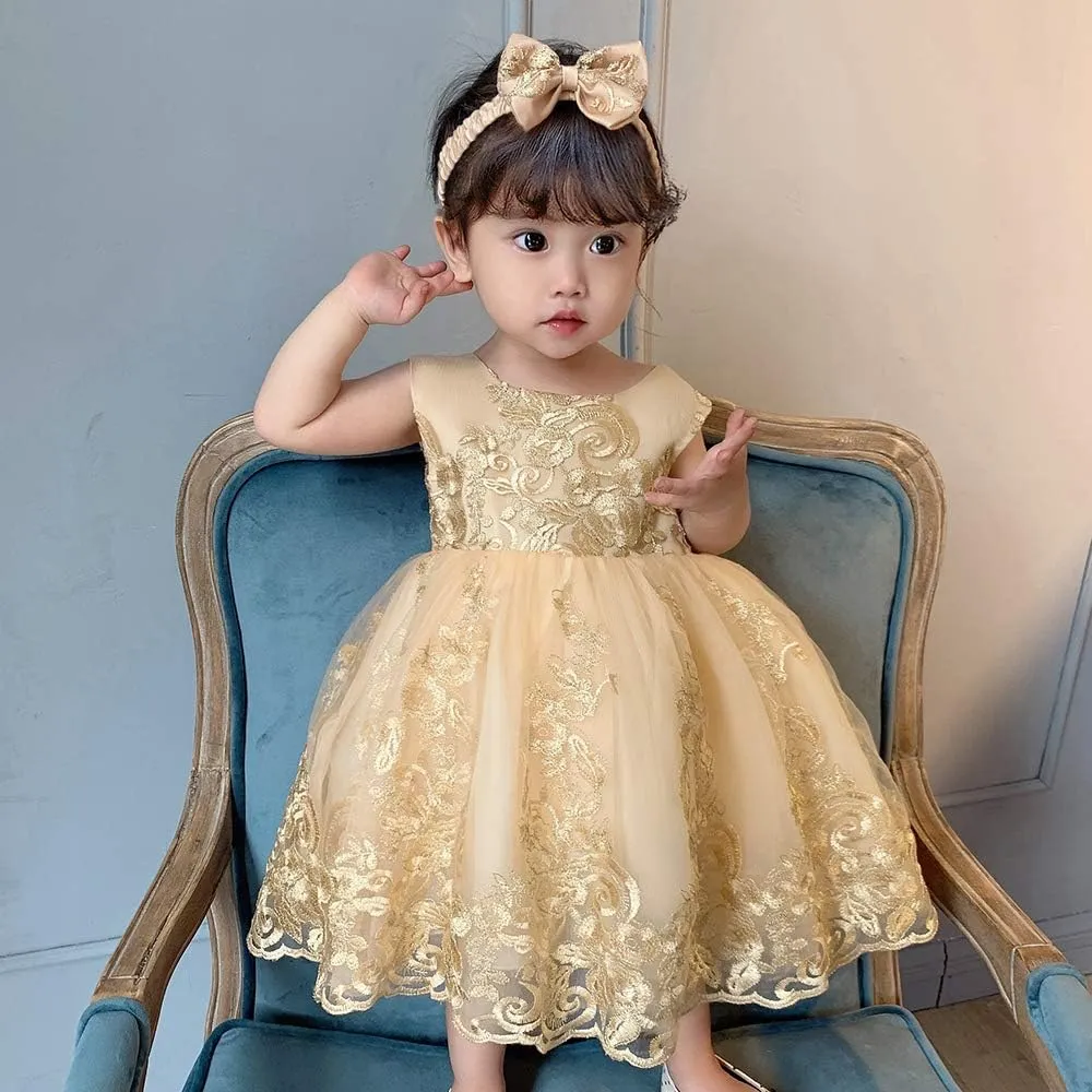 0-6T Big Bowknot Sequins Toddler Baby Girls Embroidered Lace Dresses with Headwear