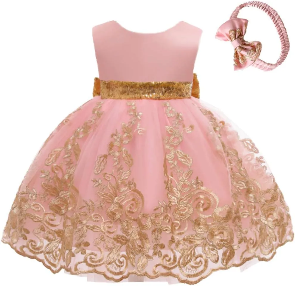 0-6T Big Bowknot Sequins Toddler Baby Girls Embroidered Lace Dresses with Headwear