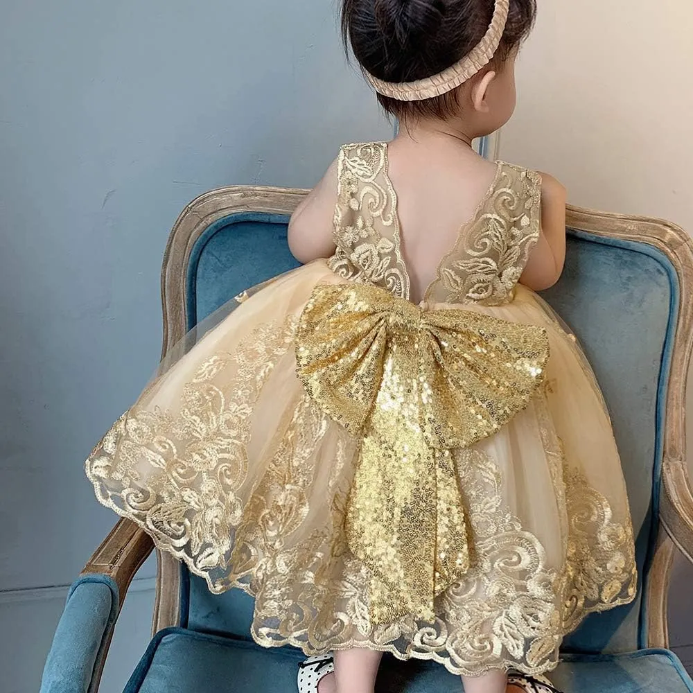 0-6T Big Bowknot Sequins Toddler Baby Girls Embroidered Lace Dresses with Headwear