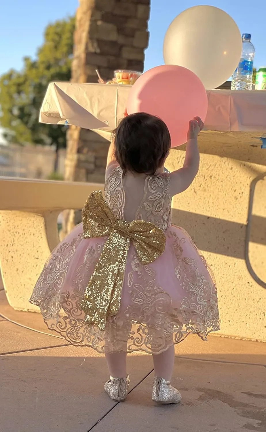 0-6T Big Bowknot Sequins Toddler Baby Girls Embroidered Lace Dresses with Headwear
