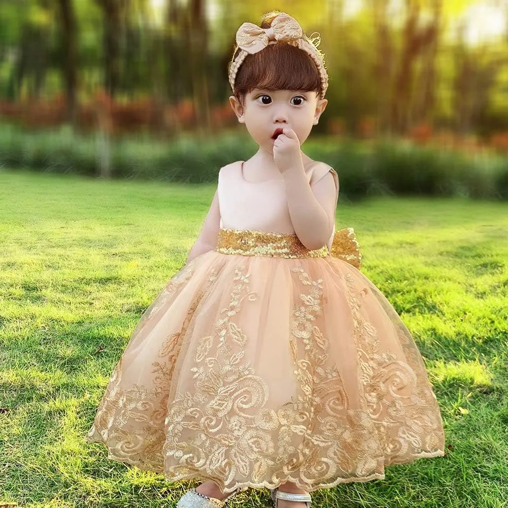 0-6T Big Bowknot Sequins Toddler Baby Girls Embroidered Lace Dresses with Headwear