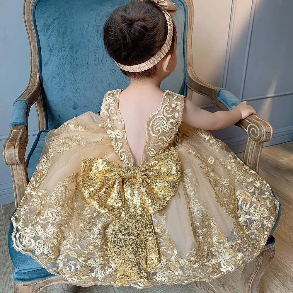 0-6T Big Bowknot Sequins Toddler Baby Girls Embroidered Lace Dresses with Headwear