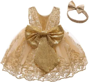 0-6T Big Bowknot Sequins Toddler Baby Girls Embroidered Lace Dresses with Headwear