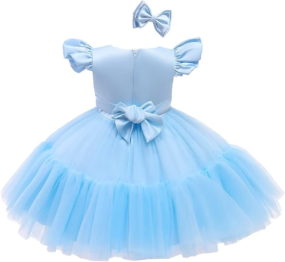 0-6T Big Bowknot Sequins Toddler Baby Girls Embroidered Lace Dresses with Headwear