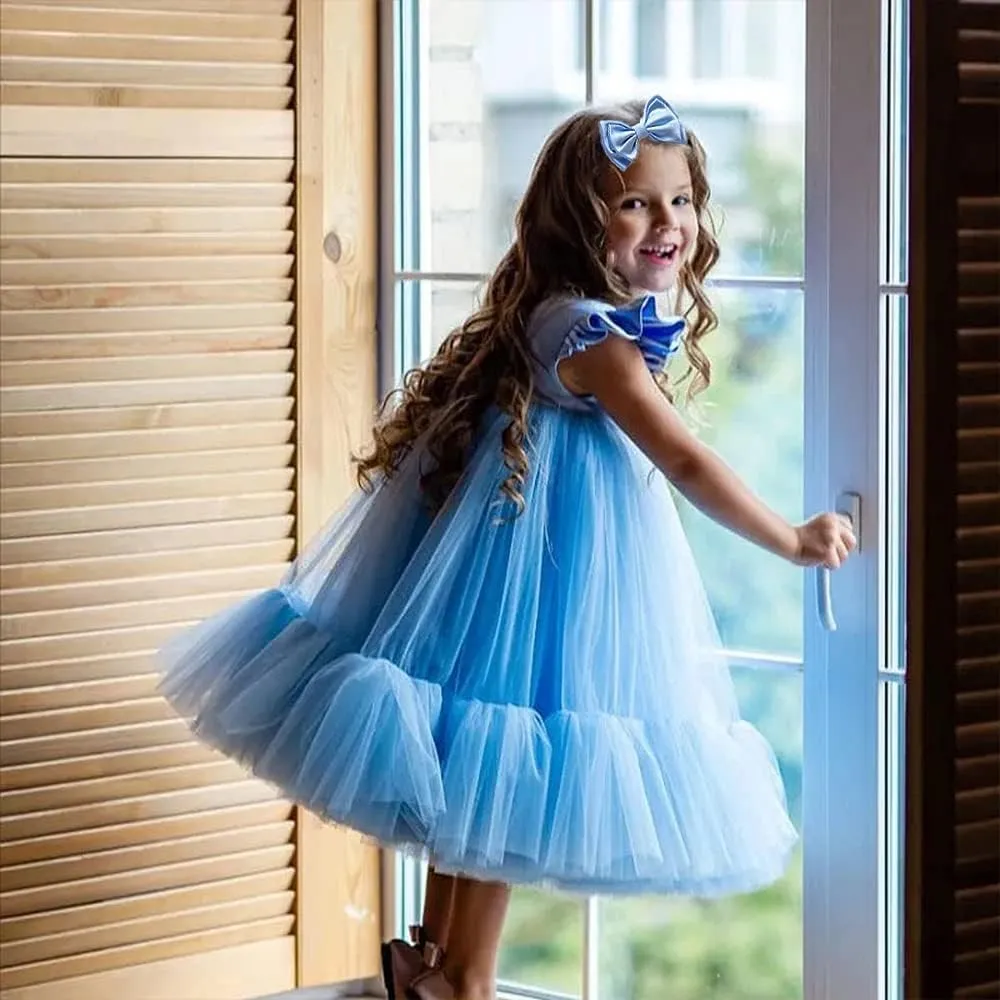 0-6T Big Bowknot Sequins Toddler Baby Girls Embroidered Lace Dresses with Headwear