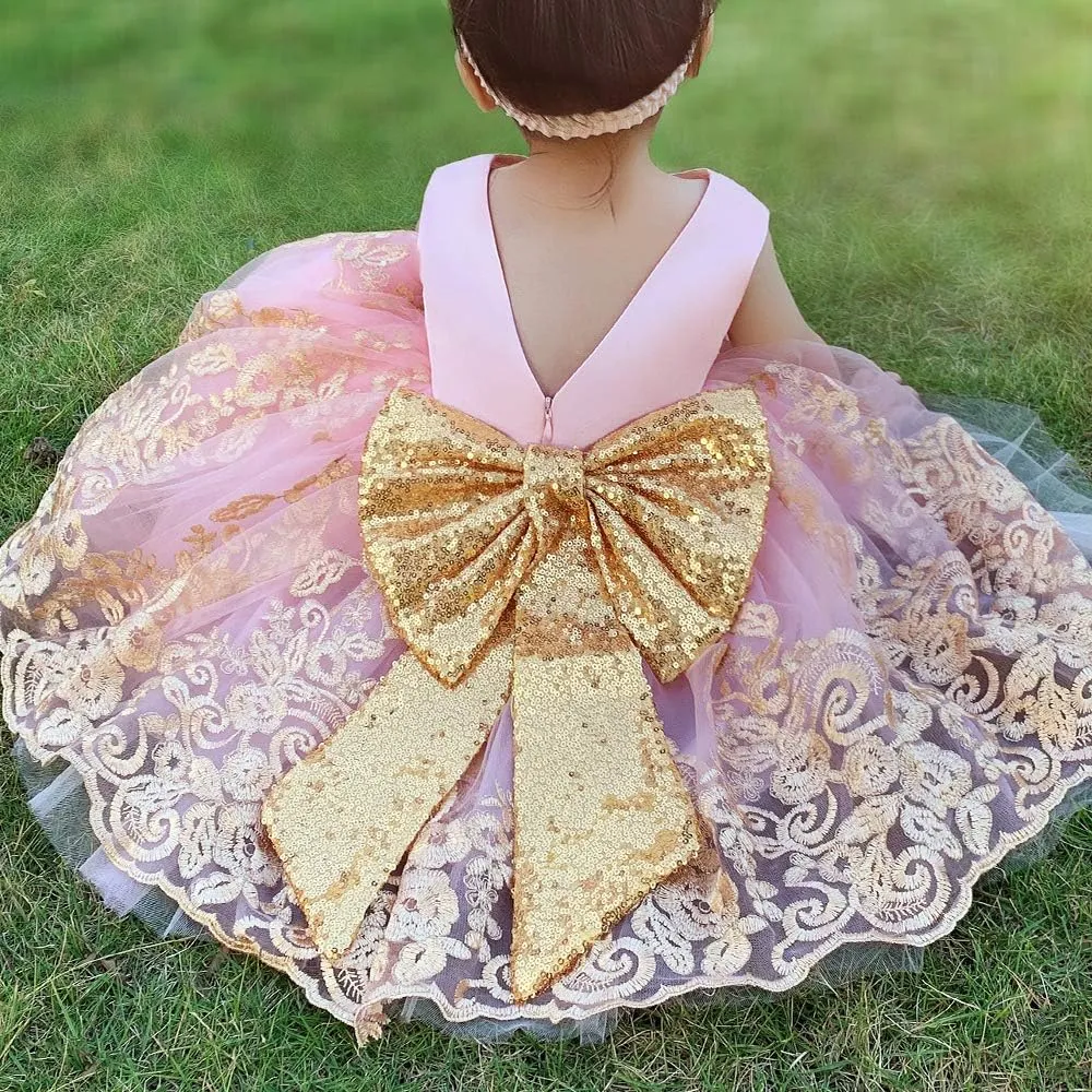 0-6T Big Bowknot Sequins Toddler Baby Girls Embroidered Lace Dresses with Headwear