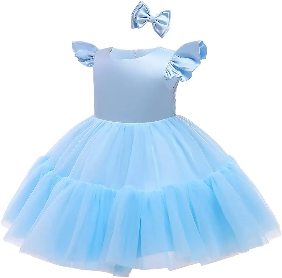 0-6T Big Bowknot Sequins Toddler Baby Girls Embroidered Lace Dresses with Headwear