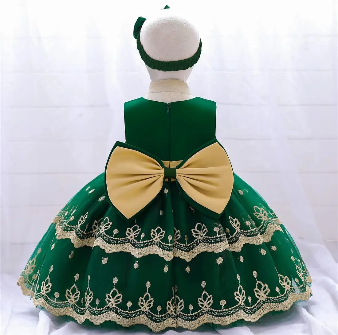 0-6T Big Bowknot Sequins Toddler Baby Girls Embroidered Lace Dresses with Headwear