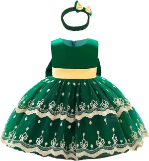 0-6T Big Bowknot Sequins Toddler Baby Girls Embroidered Lace Dresses with Headwear