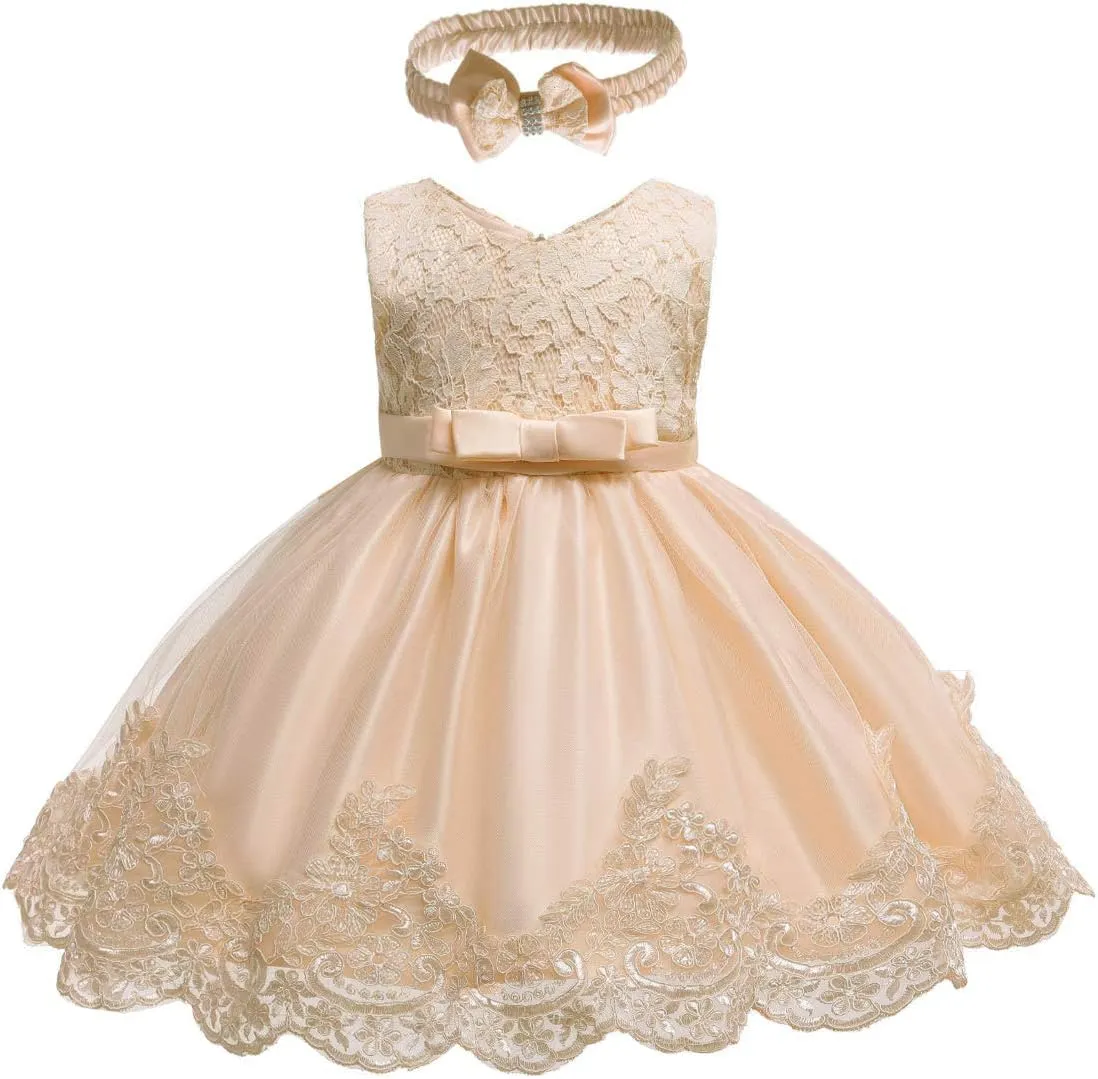 0-6T Toddler Baby Girl Embroidered Tutu Ball Gown Lace Dresses with Headwear