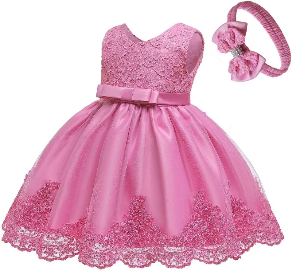 0-6T Toddler Baby Girl Embroidered Tutu Ball Gown Lace Dresses with Headwear