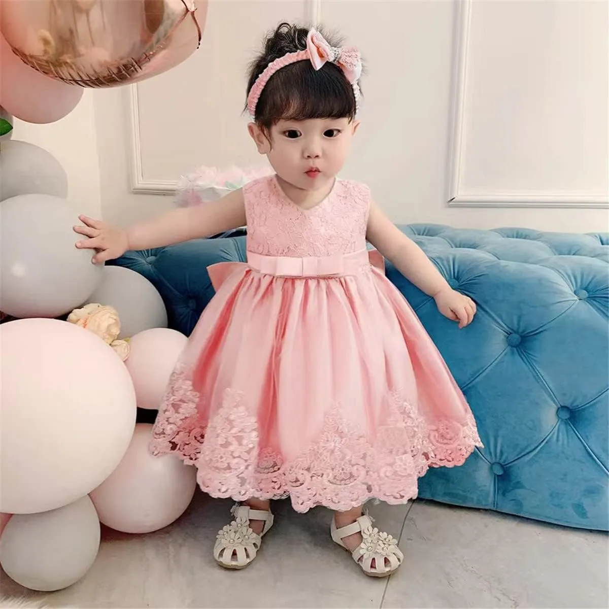 0-6T Toddler Baby Girls Embroidered Tutu Ball Gown Lace Dresses with Headwear