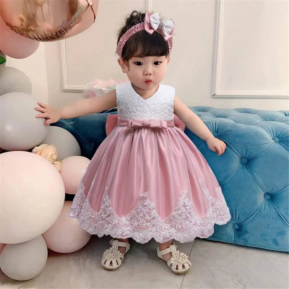 0-6T Toddler Baby Girls Embroidered Tutu Ball Gown Lace Dresses with Headwear