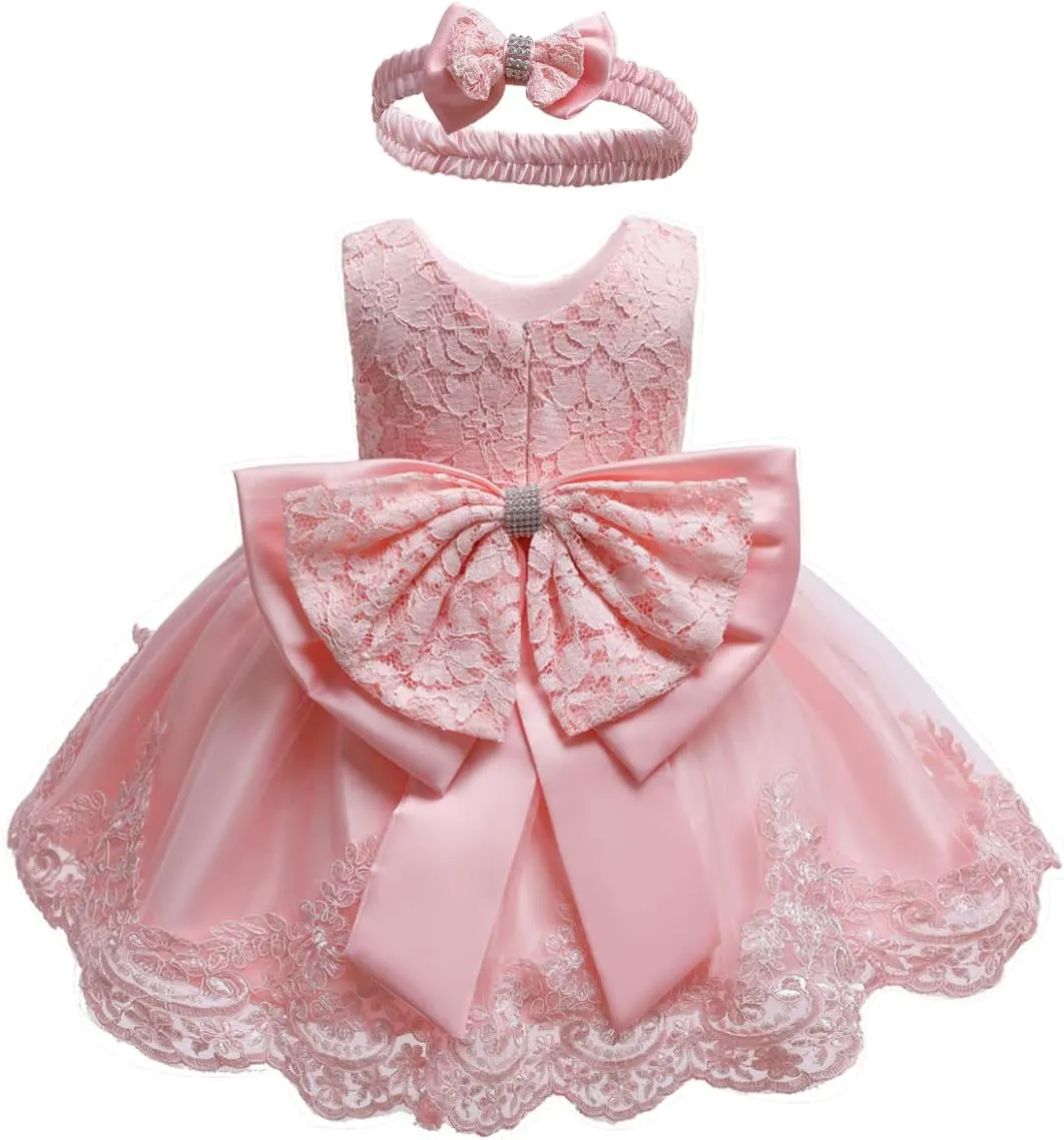 0-6T Toddler Baby Girls Embroidered Tutu Ball Gown Lace Dresses with Headwear