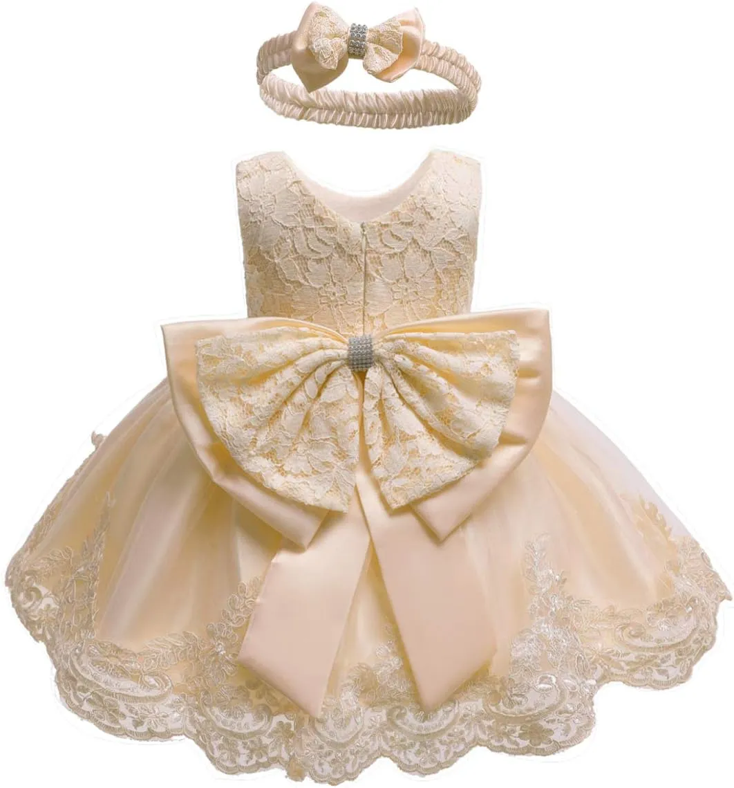 0-6T Toddler Baby Girls Embroidered Tutu Ball Gown Lace Dresses with Headwear