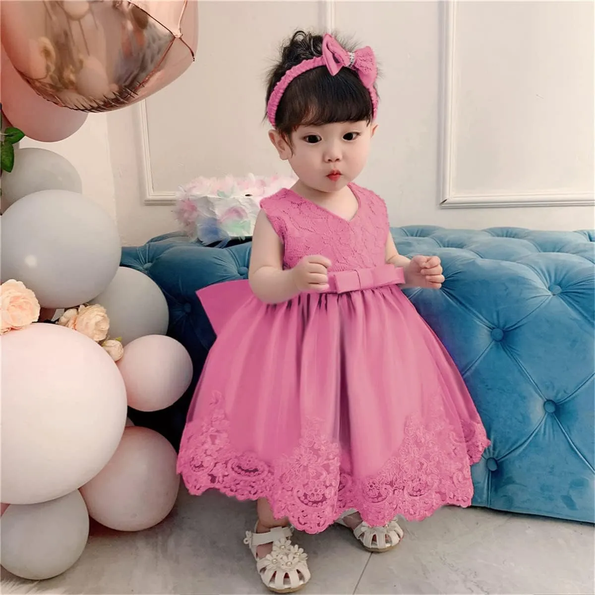 0-6T Toddler Baby Girls Embroidered Tutu Ball Gown Lace Dresses with Headwear