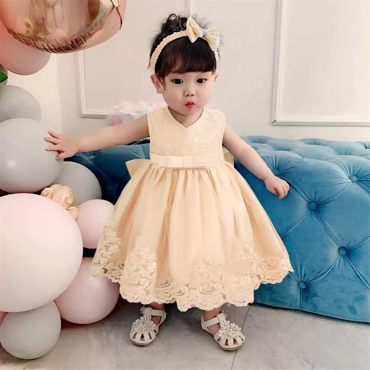0-6T Toddler Baby Girls Embroidered Tutu Ball Gown Lace Dresses with Headwear