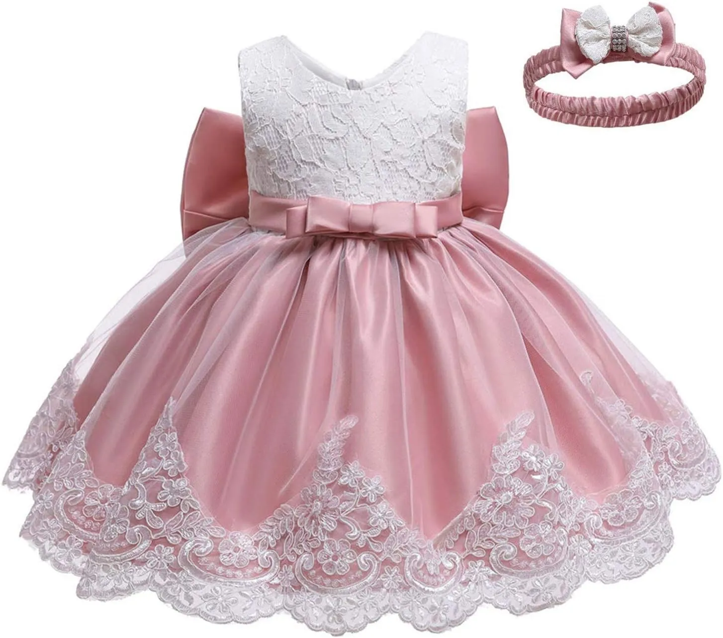 0-6T Toddler Girls Pageant Lace Dresses Baby Birthday Party Embroidery Dress with Headwear