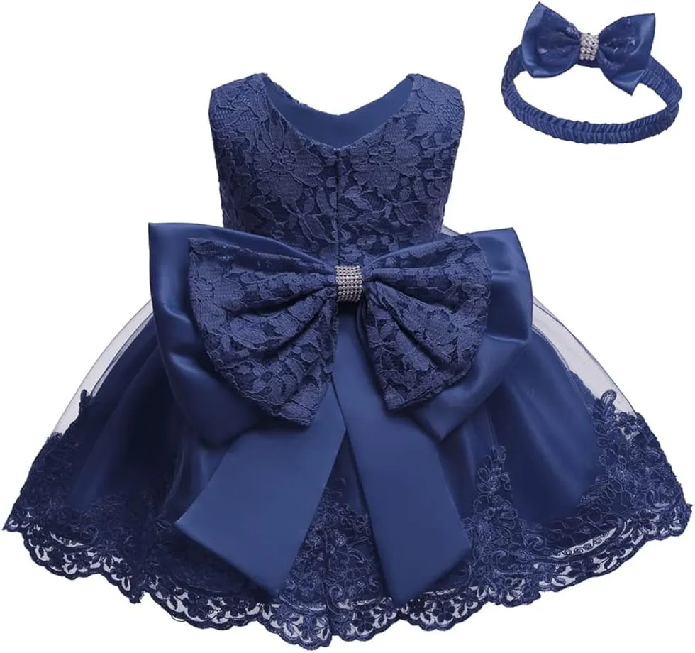 0-6T Toddler Girls Pageant Lace Dresses Baby Birthday Party Embroidery Dress with Headwear