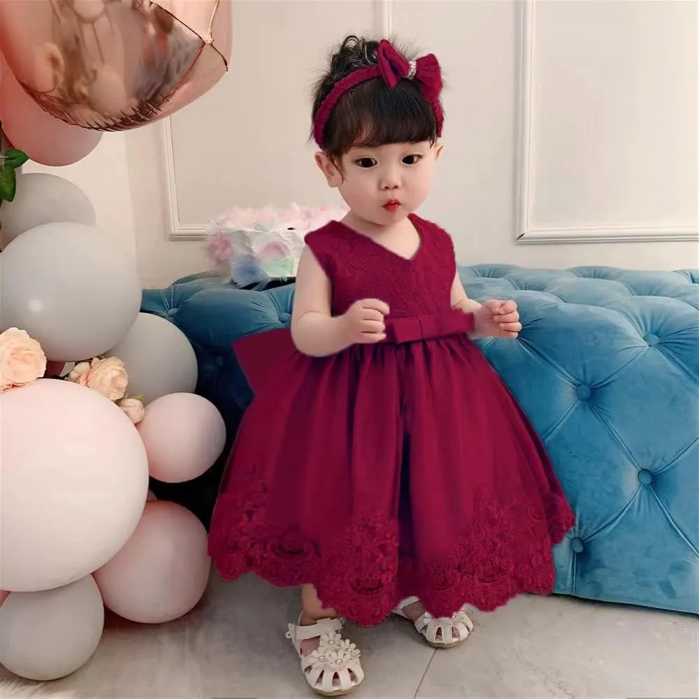 0-6T Toddler Girls Pageant Lace Dresses Baby Birthday Party Embroidery Dress with Headwear