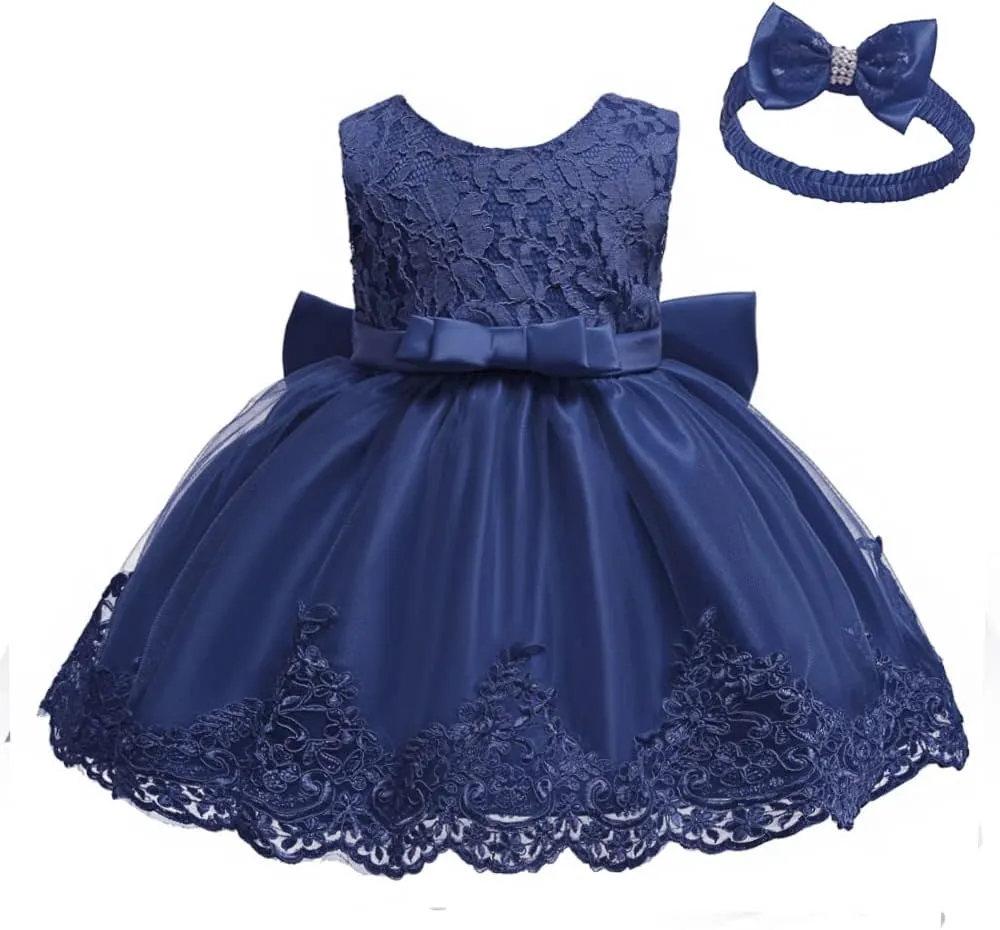 0-6T Toddler Girls Pageant Lace Dresses Baby Birthday Party Embroidery Dress with Headwear