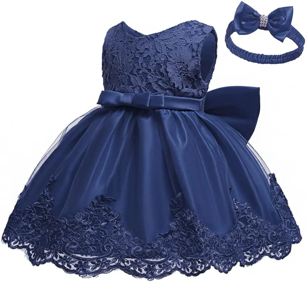 0-6T Toddler Girls Pageant Lace Dresses Baby Birthday Party Embroidery Dress with Headwear