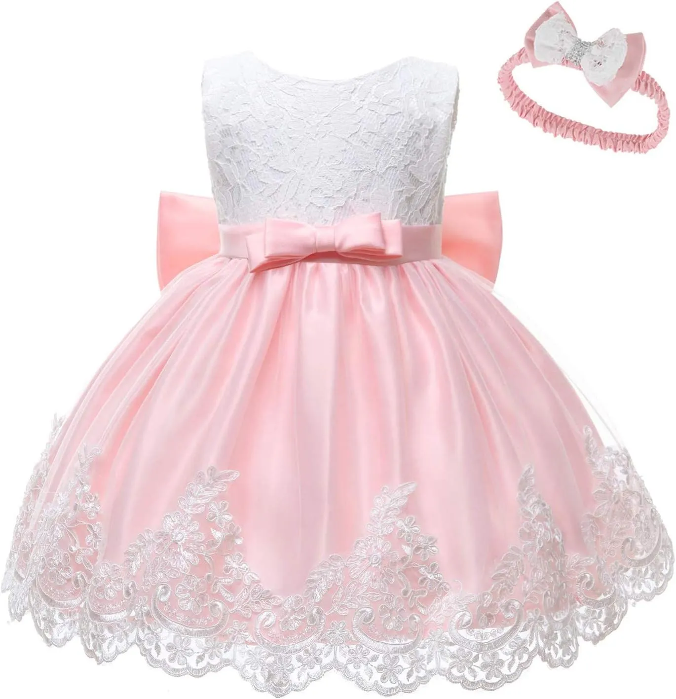 0-6T Toddler Girls Pageant Lace Dresses Baby Birthday Party Embroidery Dress with Headwear