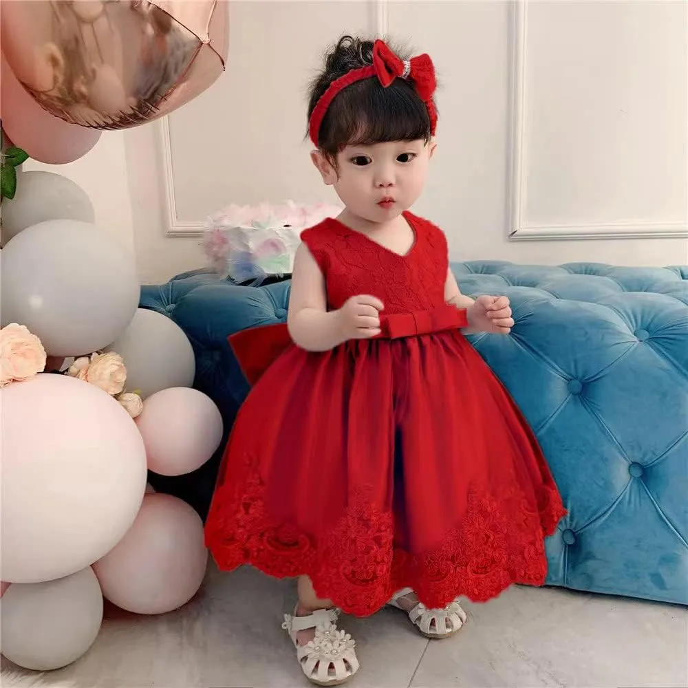 0-6T Toddler Girls Pageant Lace Dresses Baby Birthday Party Embroidery Dress with Headwear