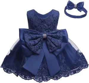 0-6T Toddler Girls Pageant Lace Dresses Baby Birthday Party Embroidery Dress with Headwear