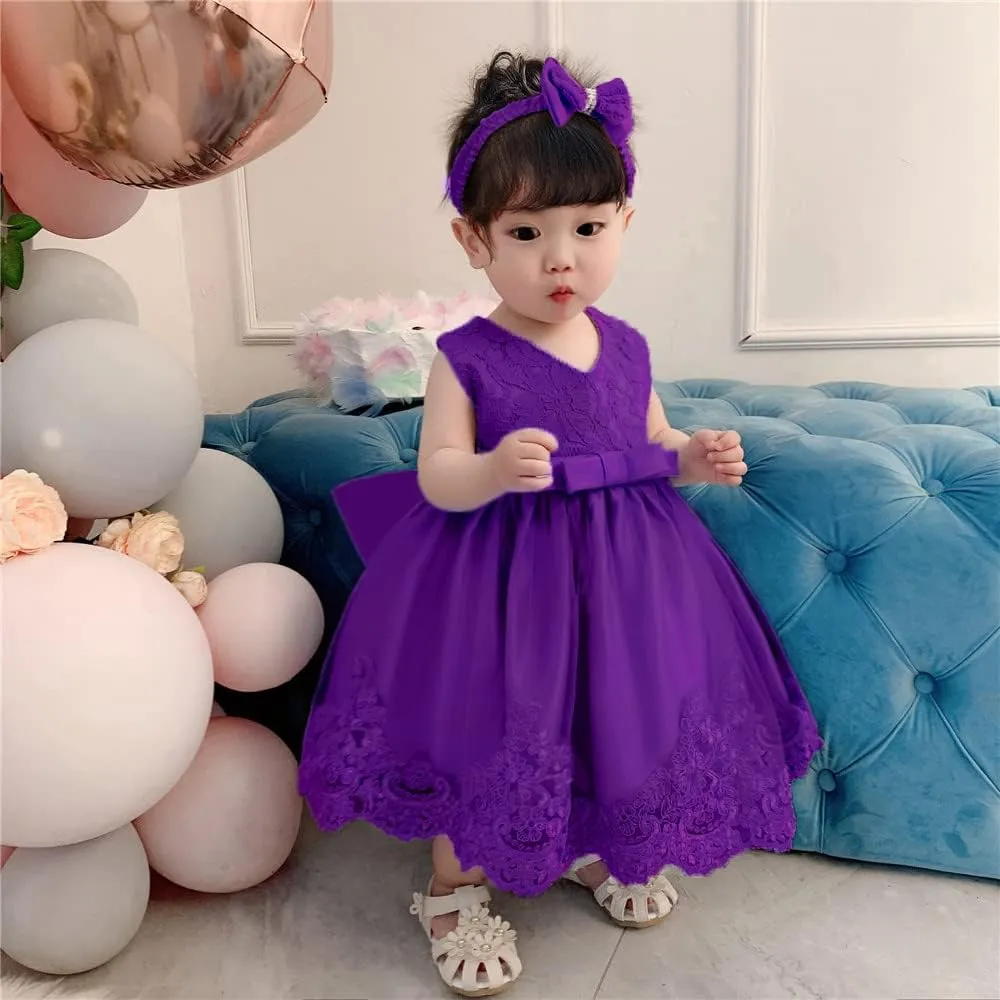 0-6T Toddler Girls Pageant Lace Dresses Baby Birthday Party Embroidery Dress with Headwear
