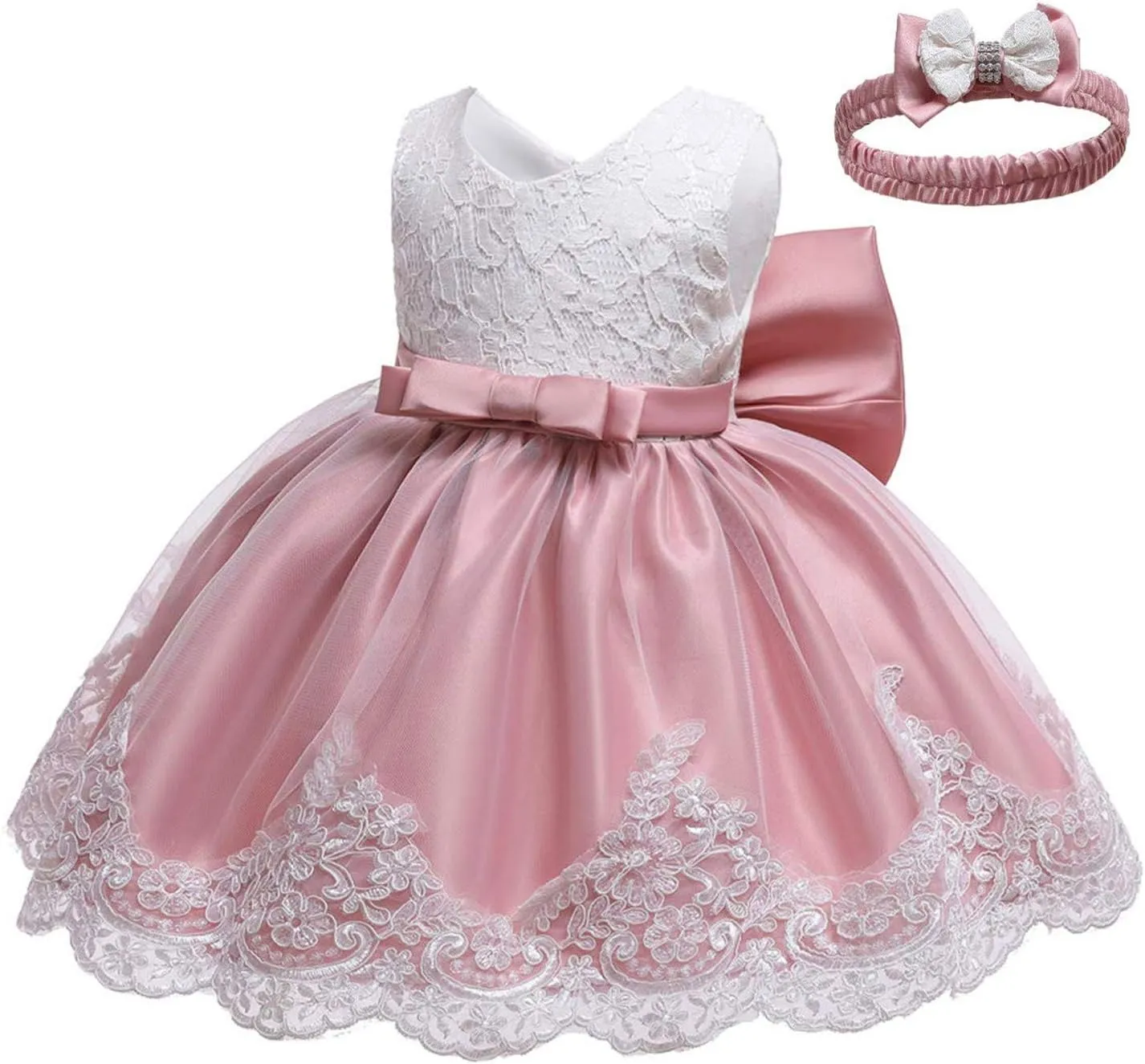0-6T Toddler Girls Pageant Lace Dresses Baby Birthday Party Embroidery Dress with Headwear