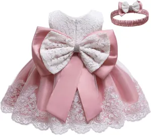 0-6T Toddler Girls Pageant Lace Dresses Baby Birthday Party Embroidery Dress with Headwear