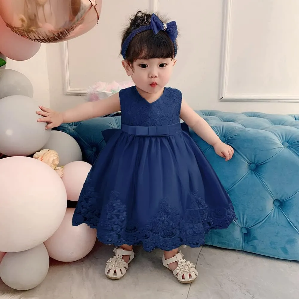 0-6T Toddler Girls Pageant Lace Dresses Baby Birthday Party Embroidery Dress with Headwear