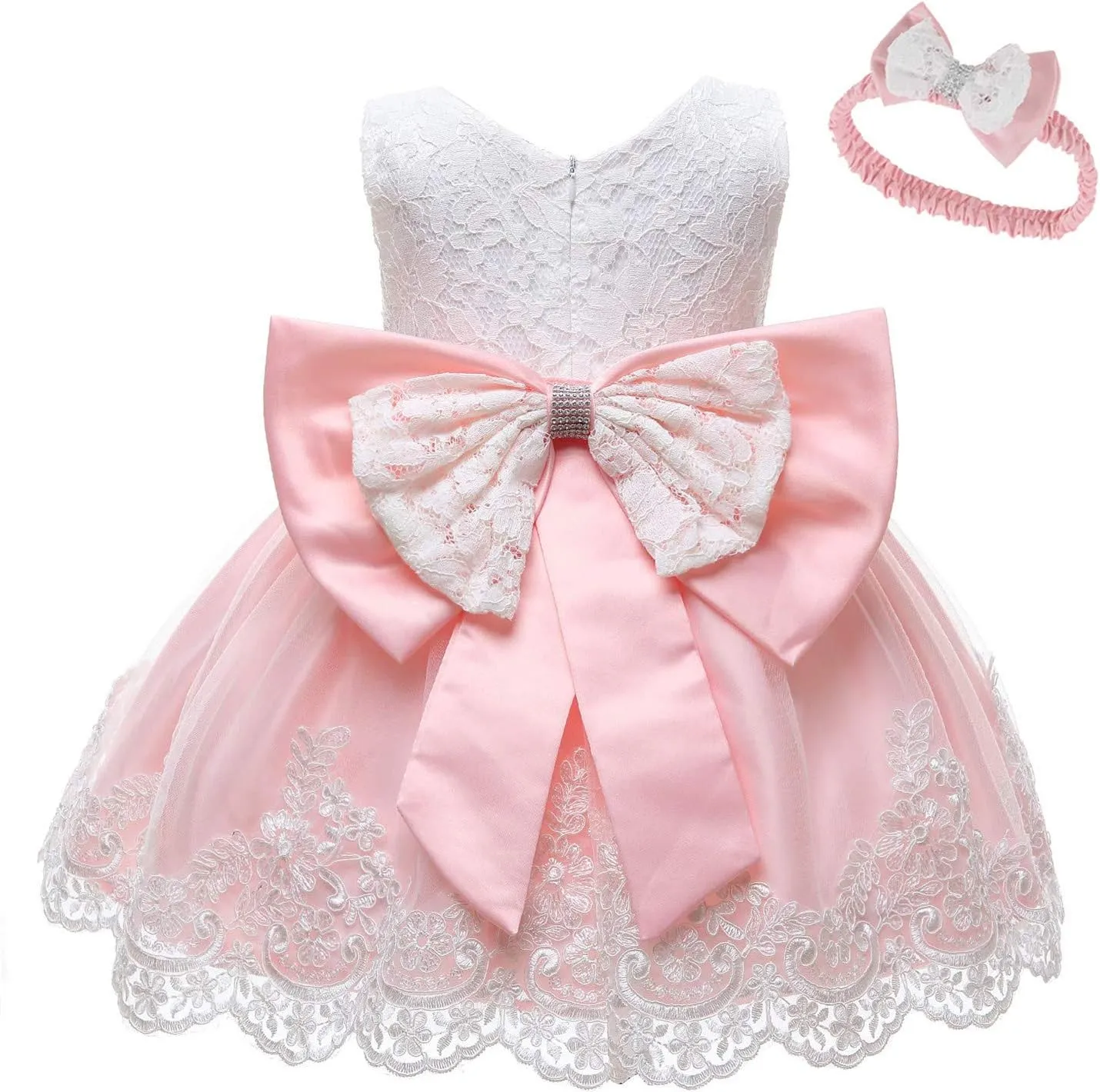 0-6T Toddler Girls Pageant Lace Dresses Baby Birthday Party Embroidery Dress with Headwear
