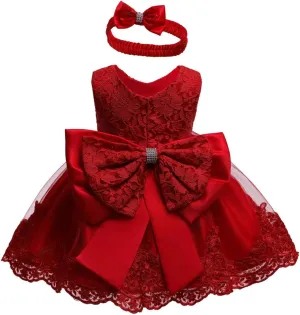0-6T Toddler Girls Pageant Lace Dresses Baby Birthday Party Embroidery Dress with Headwear